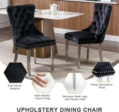 yeag 39 in Luxury Round Dining Table Set for 4, Modern Tempered Glass Top & Square Tube Crossed Metal Legs, with 4 Velvet Upholstered Kitchen Chairs, Adjustable Feet (Silver & Black)