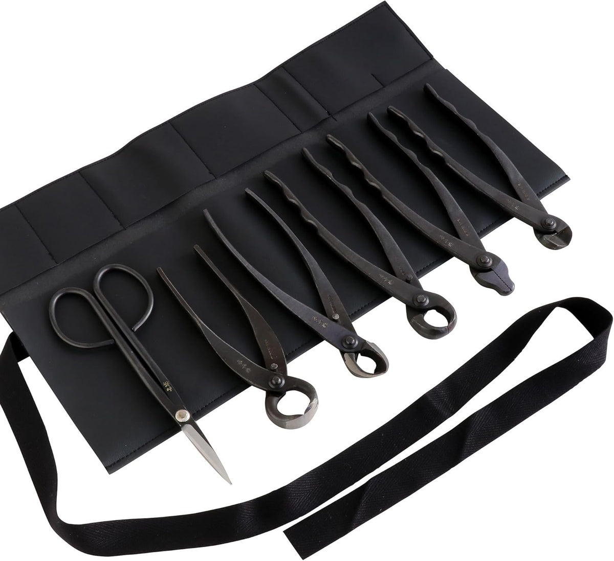 Wazakura Made in Japan 6PCS Bonsai Professional Tool Kit with Roll Bag: Yasugi Steel Twig Scissor, Concave Branch Cutter, Knob Cutter, Jin Plier, Wire Cutter, Root Cutter. Bonsai Tool Set with Case