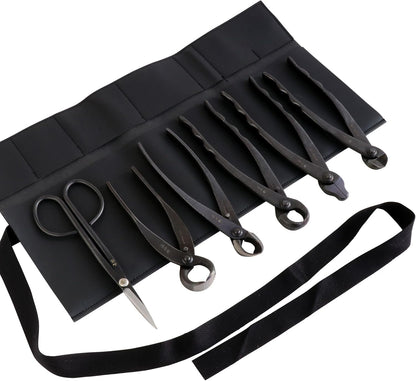 Wazakura Made in Japan 6PCS Bonsai Professional Tool Kit with Roll Bag: Yasugi Steel Twig Scissor, Concave Branch Cutter, Knob Cutter, Jin Plier, Wire Cutter, Root Cutter. Bonsai Tool Set with Case