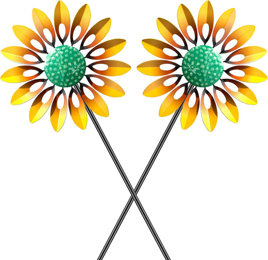 2pcs Sunflower Wind Spinner Outdoor, Freestanding Kinetic Wind Sculpture with Stake, Metal Windmill for Outside Garden Lawn Yard Art Decorations Yellow