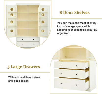 Farmhouse Kitchen Pantry,Extra Large Kitchen Pantry Cabinet, Freestanding Tall Cupboard Storage Cabinet with 3 Adjustable Shelves, 8 Door Shelves, 3 Drawers for Dining Room (Cream)