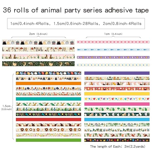 36 Rolls Animal Theme Washi Tape Set, Colorful Cute Adorable Animals Writable Decorative Tapes for Scrapbooking, Bible Journaling, Bullet Journaling, 0.6"x79" per Roll