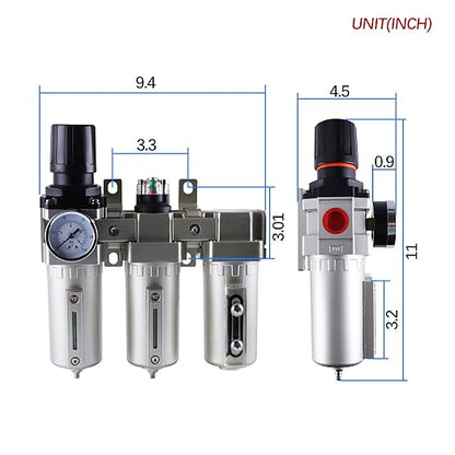 3/4 Inch NPT Industrial Grade Three Stage Air Drying System, Particulate Filter, Coalescing Filter, Desiccant Dryer and Air Regulator, 0-240 PSI, Semi-Auto Drain