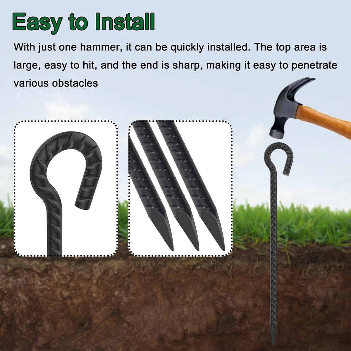 16 Inch Rebar Ground Stakes with Loop 1/2 inch Diameter Steel Tent Stakes (12 pcs), Heavy Duty Tree Stakes and Supports, Dog Tie Out Stakes, Metal Spikes for Outdoor Camping and Yard, Black