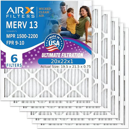 AIRX FILTERS WICKED CLEAN AIR. 20x22x1 Air Filter MERV 13 Electrostatic Pleated Air Conditioner Filter 6 Pack HVAC AC Furnace Filters