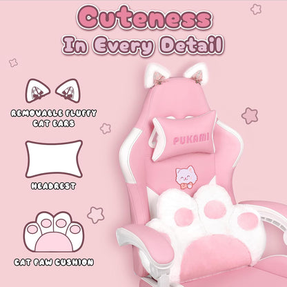 PUKAMI Pink Gaming Chair Cute with Cat Ears and Cat Paw Lumbar Cushion, Ergonomic Computer Chair for Girl with Footrest and Headrest, Comfortable Reclining PC Game Chair for Adult, Teen (Pink)