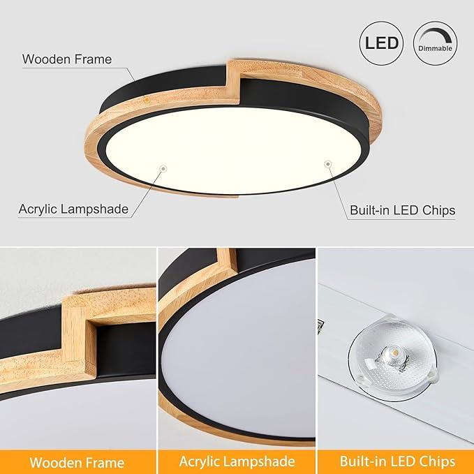Dimmable Wood LED Flush Mount Ceiling Lights, 5CCT 2700K-6000K Black Hallway Lighting Fixtures, Minimalist Circular Ceiling Lamp for Bedroom Laundry Room Kitchen Entryway