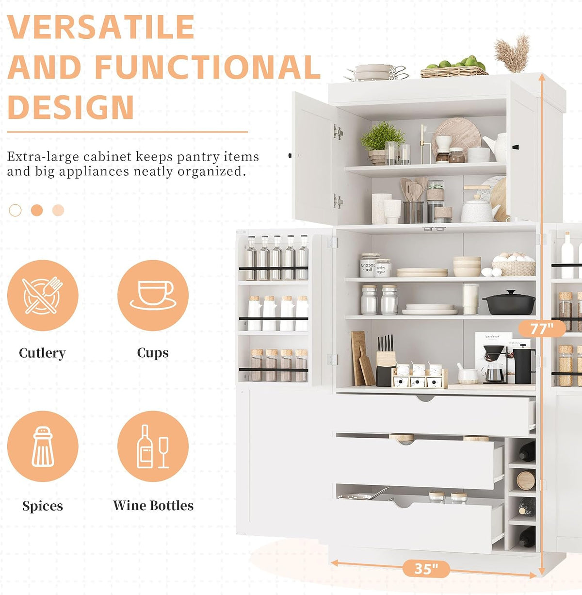 roomfitters 77'' Kitchen Pantry Organizers and Storage Kitchen Cabinet, with Door Spice Racks, Wine Rack, 3 Drawers, White