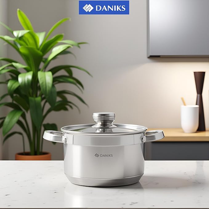Daniks Standard Stainless Steel Stock Pot with Glass Lid – Induction 4 Quart, Dishwasher Safe, Measuring Scale, For Soup, Pasta, Stew, Silver