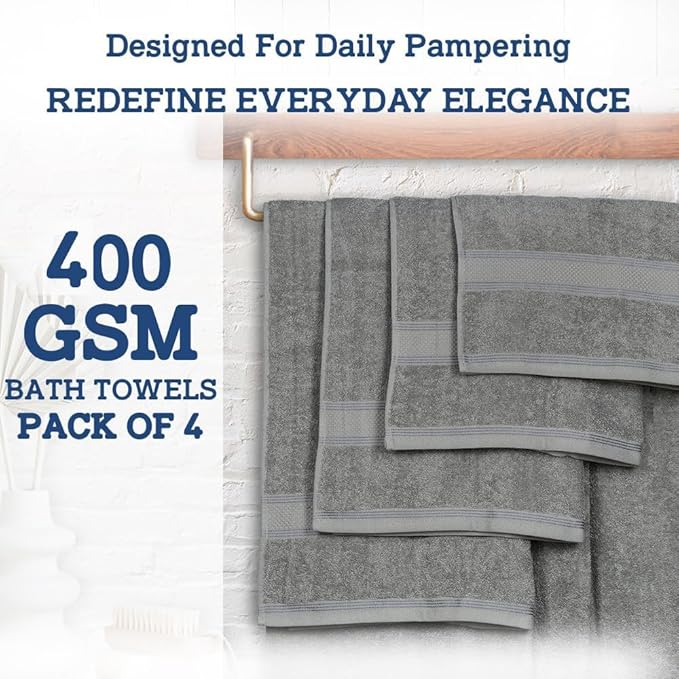 Casa Lino Silver Grey Bath Towels Set of 4 (54" x 27") - Large Bathroom Towel Set - 100% Cotton Towels for Bathroom - Highly Absorbent & Quick Dry Bath Towel Multipack - New Apartment Essentials