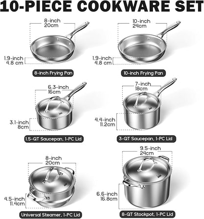 Cooks Standard Stainless Steel Kitchen Cookware Sets 10-Piece, Multi-Ply Full Clad Pots and Pans Cooking Set with Stay-Cool Handles, Dishwasher Safe, Oven Safe 500°F, Silver