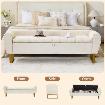 67'' King Size End of Bed Storage Bench for Bedroom, Bedroom Benches for Foot of Bed King with Gold Legs, Storage Ottoman Bench with Storage for Bedroom, Velvet Beige
