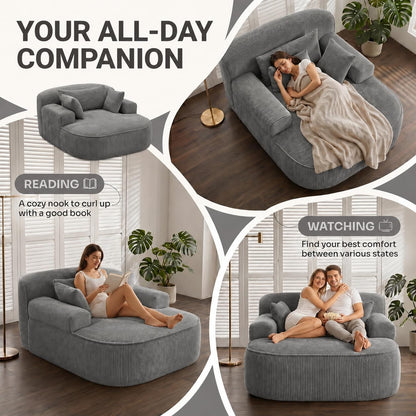 Oversized Chaise Lounge Chair Indoor, Couch Cloud Chair with 3 Comfy Pillows, Corduroy High-Density Foam Reading Chair, Wide Arms Bed Sleeper Sofa for Living Room Bedroom Relaxing