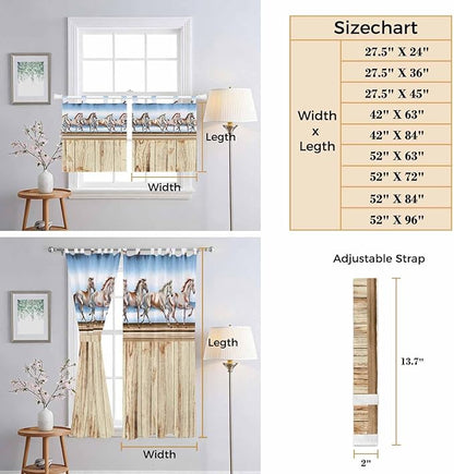 Western Horse Kitchen Curtains 36 Inch Length, Small Window Curtains Tab Top, Farmhouse Wooden Grain Vintage Cowboy Barn Door Light Filtering Short Window Treatments Tier Drapes 27.5"x36" 2 Panel