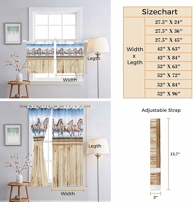 Western Horse Living Room Curtains 96 Inch Length, Window Curtains Tab Top, Farmhouse Wooden Grain Vintage Cowboy Barn Door Light Filtering Window Treatments Drapes 52"x96" 2 Panel