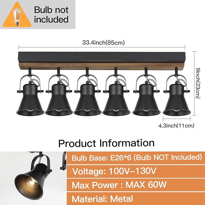 SEEBLEN 6-Light Track Light Fixtures Ceiling/Wall Mount, Adjustable Spotlight, Industrial Black Kitchen Lighting for Living Room, Dining Room, Hallway, Bathroom