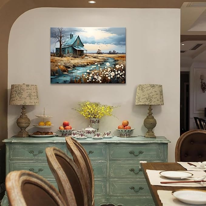CYULWNNO Farmhouse Wall Art Barn Farm Landscape Painting Pictures Decor Blue Farm Nature Wildflower Rustic Scenery Canvas Prints Artwork Frame Living Room Bedroom Bathroom Wall Decor 16"x24"