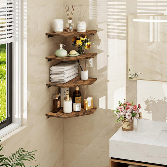Homode Corner Shelf Wall Mount, Set of 4 Floating Corner Shelves with Cord Hole for Cable Box, Wood Corner Hanging Shelves for Bathroom Bedroom Kitchen, Rustic Brown
