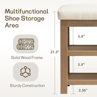 Zihanhome 2 Tier Shoe Rack Bench with Cushion, Solid Wood Shoe Benches, Mid-Century Modern Shoe Storage Bench for Entryway, Hallway, Living Room, Closet, Front Door Entrance, (Beige, 39.4")