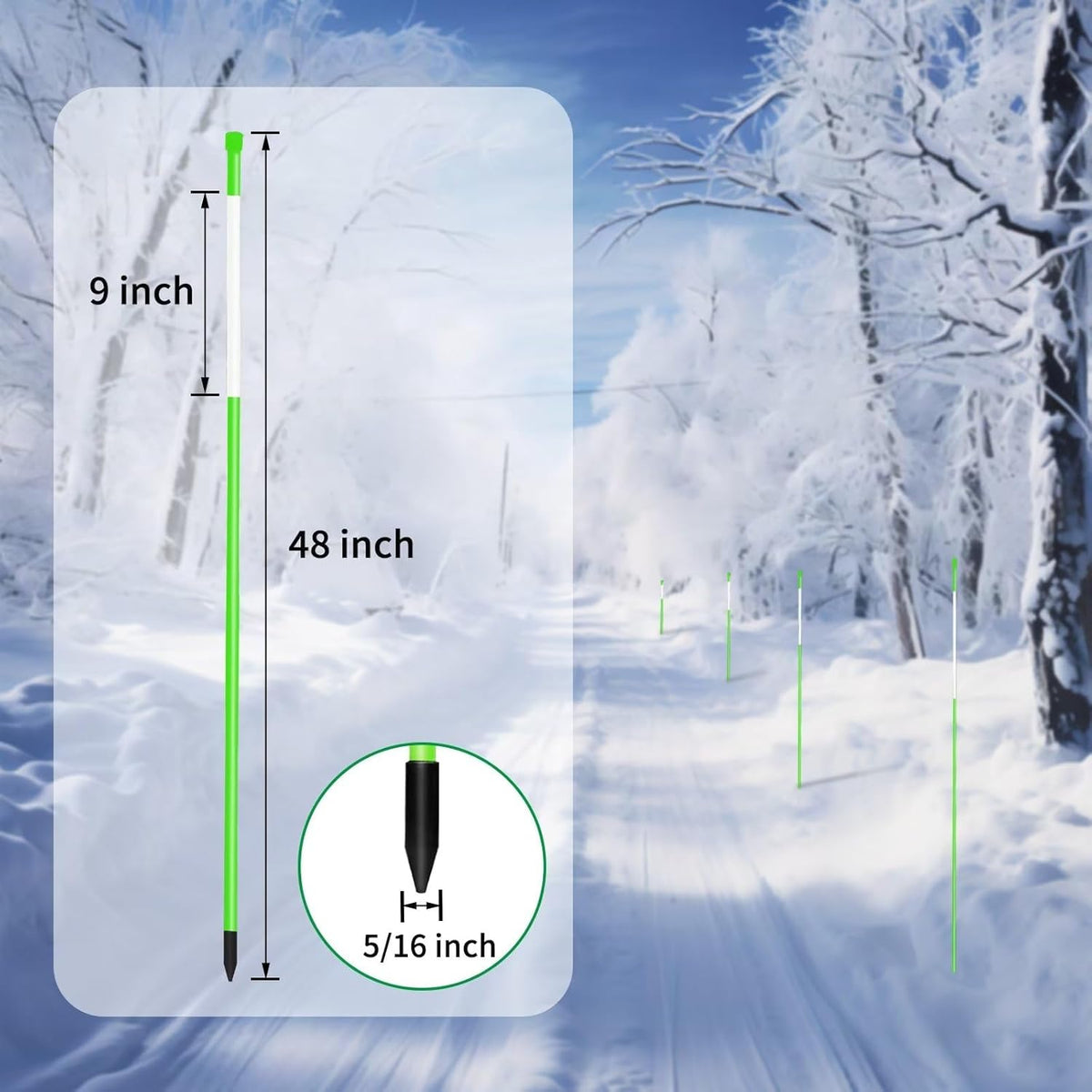 Growsun Driveway Marker 48 inch Green Fiberglass 5/16 inch Dia Snow Fence Reflective Plow Stakes for Yard Walkways Parking Lots Safety Rods Edge, 100 Pack