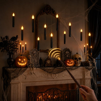 Lezonic 12Pcs Floating Candles with Wand and Remote, Magic Black Flameless Candles Battery Operated, Flikering Hanging LED Taper Candlesticks Halloween Decorations, 0.8" x 6"