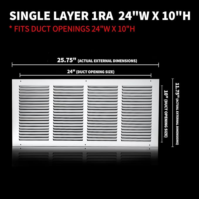 24x10 Return Air Grille(Duct Opening Size),Air Return Vent Cover,Flat Vent Cover,Rejillas De Aire Acondicionado Para Casa,Return Air Grilles,Outer Dimensions:25.75"Wx11.75"H(24"W x 10"H, Duct Opening)