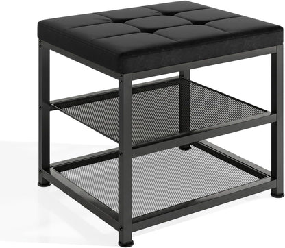 Small Shoe Storage Bench with PU Leather Seat Cushion, 3-Tier Freestanding Shoe Rack Organizer for Entryway, Heavy-Duty Metal Mesh Shelves, Supports Up to 300 lbs, Black (15.7"x11.4"x17.5")
