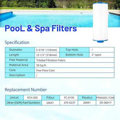 5CH-502 Spa Filter Cartridge Replaces for PPM50SC-F2M, Filbur FC-0195, Marquis Spa 20041, 20091, 370-0237, C-5303, 50501, 2" Male Thread/MPT Hot Tub Filter, 50 sq.ft Cal Spas, 2 Pack
