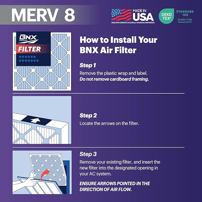 BNX TruFilter 12x24x1 Air Filter MERV 8 (6-Pack) - MADE IN USA – Dust & Pet Defense Electrostatic Pleated Air Conditioner HVAC AC Furnace Filters for Dust, Pet, Mold, Pollen MPR 600 – 700 & FPR 5