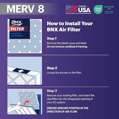BNX TruFilter 12x24x1 Air Filter MERV 8 (6-Pack) - MADE IN USA – Dust & Pet Defense Electrostatic Pleated Air Conditioner HVAC AC Furnace Filters for Dust, Pet, Mold, Pollen MPR 600 – 700 & FPR 5