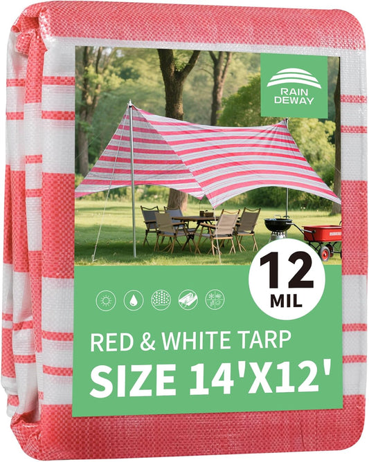 RAINDEWAY Tarps 12x14 Feet,12 Mil Sunshade Striped Tarp Waterproof,Multipurpose Poly Tarp Cover with Grommets and Reinforced Edges,Red/White Tarps
