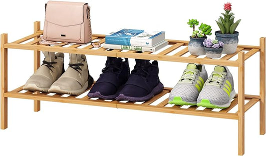 2-Tier Long Shoe Rack for Entryway, Black Bamboo Wood Shoe Rack for Closet & Hallway, Long 33IN | Beautiful | Functional | Sturdy | Durable