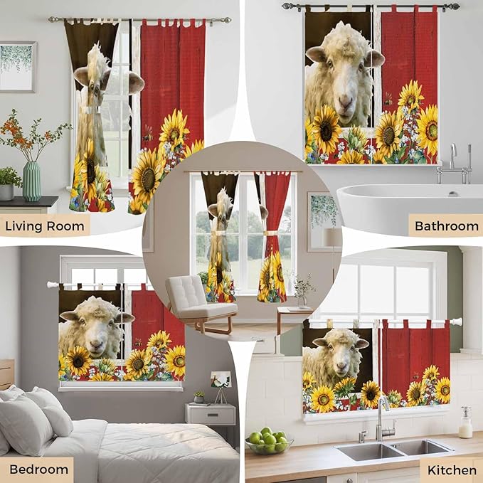 Sheep Flowers Living Room Curtains 84 Inch Length, Window Curtains Tab Top, Country Red Barn Botanical Sunflowers Light Filtering Window Treatments Drapes 52"x84" 2 Panel