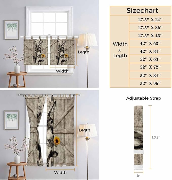 Funny Farm Animals Bedroom Curtains 63 Inch Length, Window Curtains Tab Top, Vintage Barn Brown Sunflowers Light Filtering Window Treatments Drapes 42"x63" 2 Panel