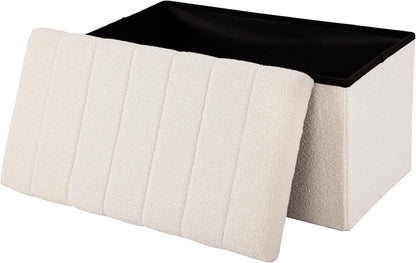 Seville Classics Cushioned Fabric Ottoman Hidden Storage Chest Footrest Chair, Padded Seat for Bedroom, Dorm, Loft, Living Room, Entryway, Hallway, White Boucle, 30" Bench
