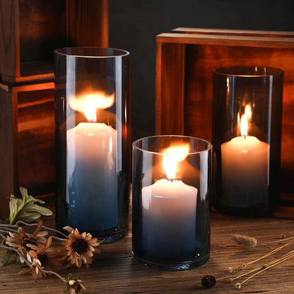 Set of 3 Blue Clear Hurricane Candle Holder Glass Cylinder Vases 6, 8, 10 Inches Height Hurricane Vases for Centerpieces Home Table Decor