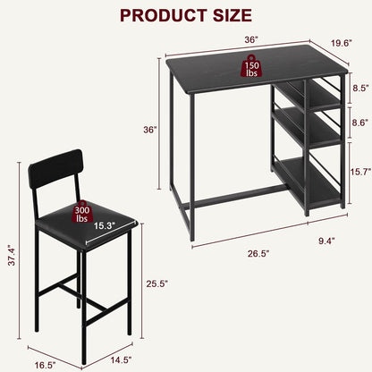 Bar Table and Chair Set with Three Shelves Small 2-Person Dining Table with 2 upholstered stools with backrests Suitable for Restaurants and bistros -Black