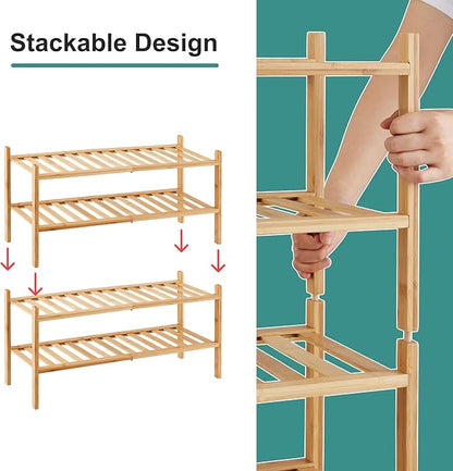 4-Tier Bamboo Shoe Rack for Entryway, Stackable | Foldable | Natural, Shoe Organizer for Hallway Closet, Free Standing Shoe Racks for Indoor Outdoor