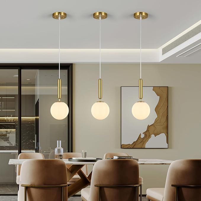 Modern Hanging Light Fixture Pendant Lighting for Kitchen Island Mid Century Gold Pendant Lights with Globe Milky White Glass Pendant Light for Bedroom Bathroom Entryway (2 Pack)