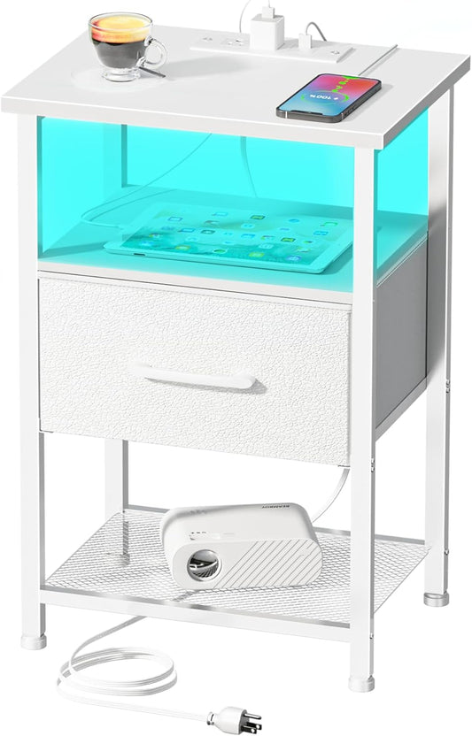 LAKEMID Nightstand with Charging Station,Bedside Table with Fabric Drawer,Bed Side Table with 20 Colors LED Light,Night Stand for Bedroom,White