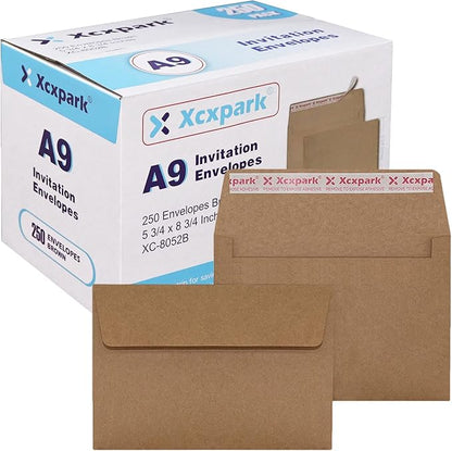 250 Qty Printable A9 Invitation Envelopes 5.75 x 8.75 Cards, Self Seal 120GSM Brown Paper Envelopes for Invitations, Papers, Photos, Documents, Wedding, Baby Shower, Easy to Seal and Peel