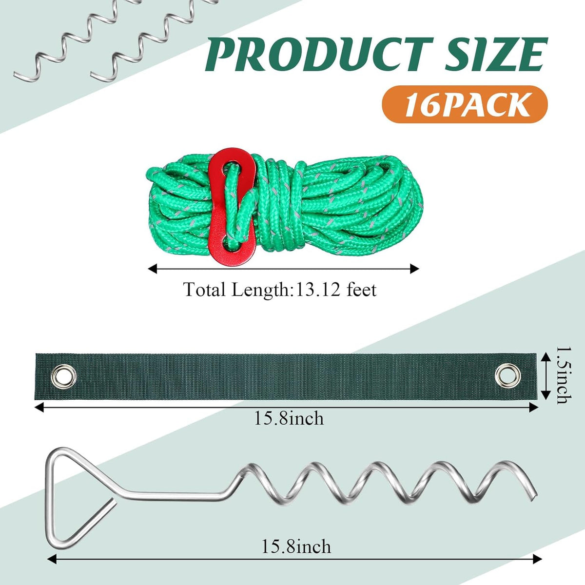 Sintuff 16 Set Tree Stakes and Supports Kit for Anti Hurricane Leaning Trees Straightening Heavy Duty 15. 75" Spiral Tree Stake with 13. 12 ft Ropes and 15. 75'' Support Straps (Green)