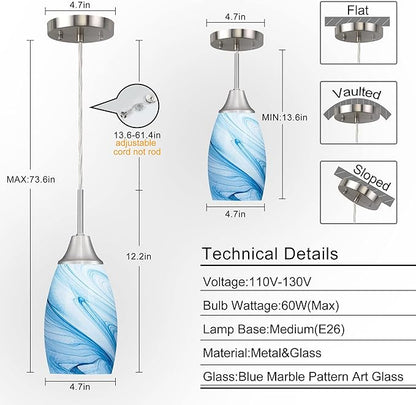 Mini Glass Pendant Light 1-Pack with Handblown Blue Marble Art Oval Glass Lamp Ceiling Hanging Light 4.72" Glass Chandelier for Dining Room Kitchen Foyer Hallway