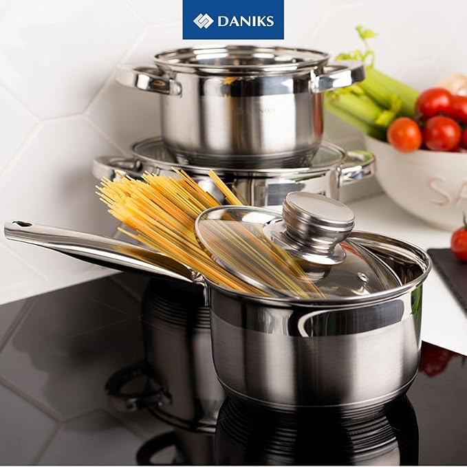 Daniks Standard 9-Piece Stainless Steel Induction Cookware Set, Saucepan, Dishwasher Safe Pots, Measuring Scale, Glass Lids, For Soup, Pasta, Stew, Silver