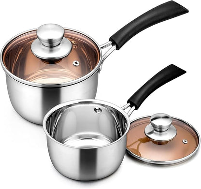 LIANYU Saucepan with Lid, 1 Quart and 2 Quart Stainless Steel Saucepan, Small Pot Milk Soup Pan for Home Kitchen Restaurant, Long Heatproof Handle, Dishwasher Safe