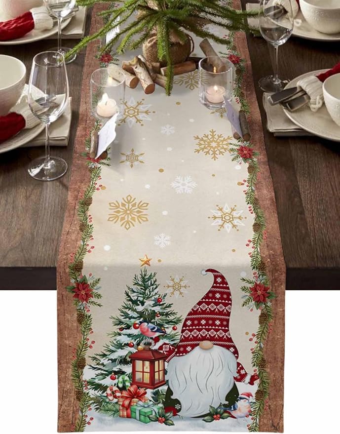 Christmas Gnomes Cotton Linen Table Runner for Dining Kitchen, Xmas Pine Tree Snowflake Rustic Wedding Outdoor Party Tablerunners Decoration, Retro Wood Dresser Scarf Tablecloth Runners 13x48 Inches