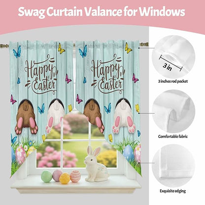 Swag Curtain Valances for Kitchen Windows,Happy Easter Bunny Butt Egg Floral Short Rod Pocket Window Valance,Spring Plant on Aqua Wood Swag Topper for Bedroom Living Room,2 Panels 28x36in