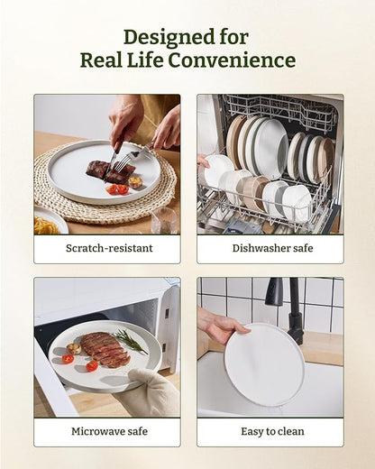 Famiware Nebula Dinnerware Set with Pasta Bowls, Service for 4 (16pcs), Fine Stoneware Plates and Bowls Sets, Microwave and Dishwasher Safe Dishes Set, White