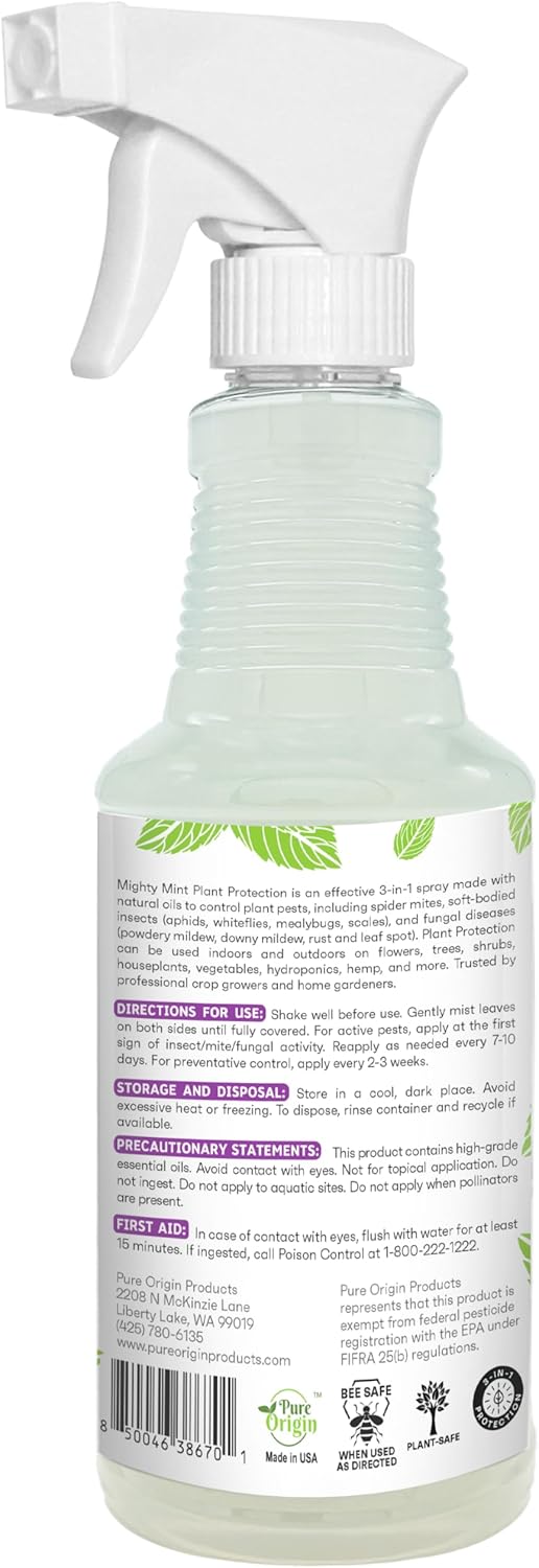 Mighty Mint Peppermint Plant Protection Spray for Insects, Gnats, Fungus, Mites, and Disease, 16 oz