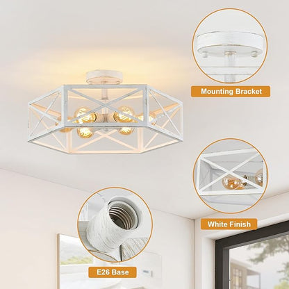 White Flush Mount Ceiling Light, 6 Light Flush Mount Light Fixture, Modern Close to Ceiling Light with Metal Hexagon Cage, Farmhouse Light Fixture for Hallway, Kitchen, Bedroom